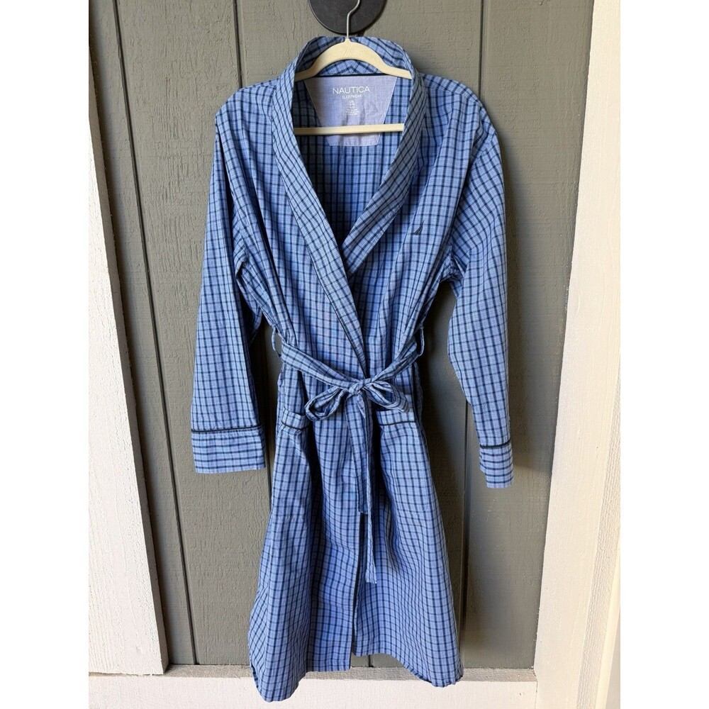 NAUTICA Mens Cotton Robe L/XL Blue Plaid Lightweight Loungewear Belted Excellent